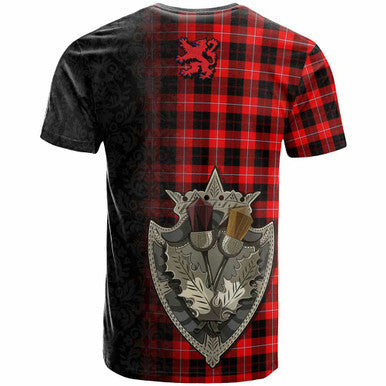 Scottish Cunningham Modern Clan Tartan T-Shirt - Half Thistle Flowers Celtic Design Back Side Tartan Plaid