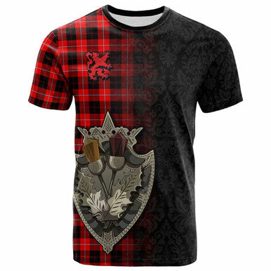 Scottish Cunningham Modern Clan Tartan T-Shirt - Half Thistle Flowers Celtic Design Front Side Tartan Plaid