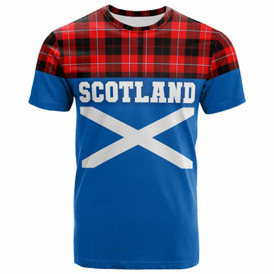 Scottish Cunningham Modern Clan Tartan T-Shirt - Lion Rampant of Scotland With Flag Front Side Tartan Plaid