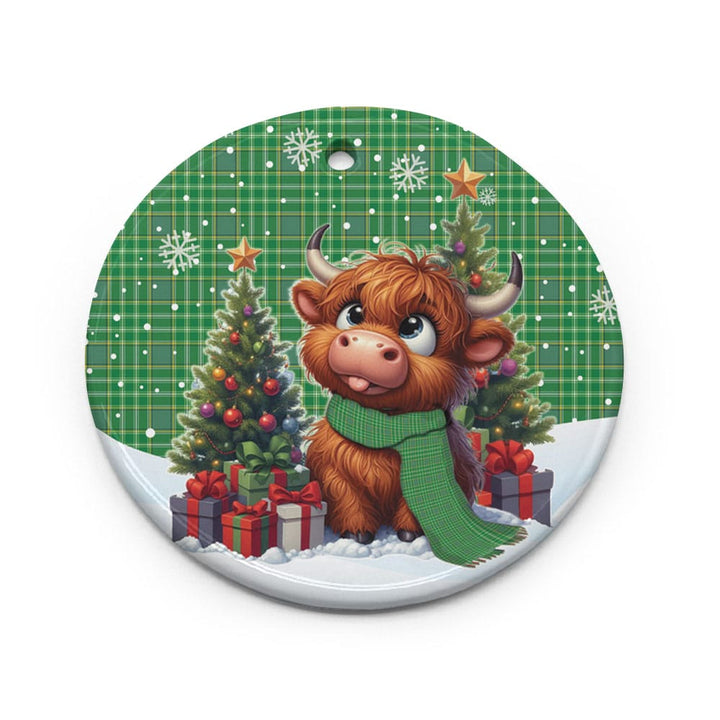 Scottish Currie Clan Tartan Ceramic Ornament Cute Highland Cow Christmas Circle Style Tartan Plaid
