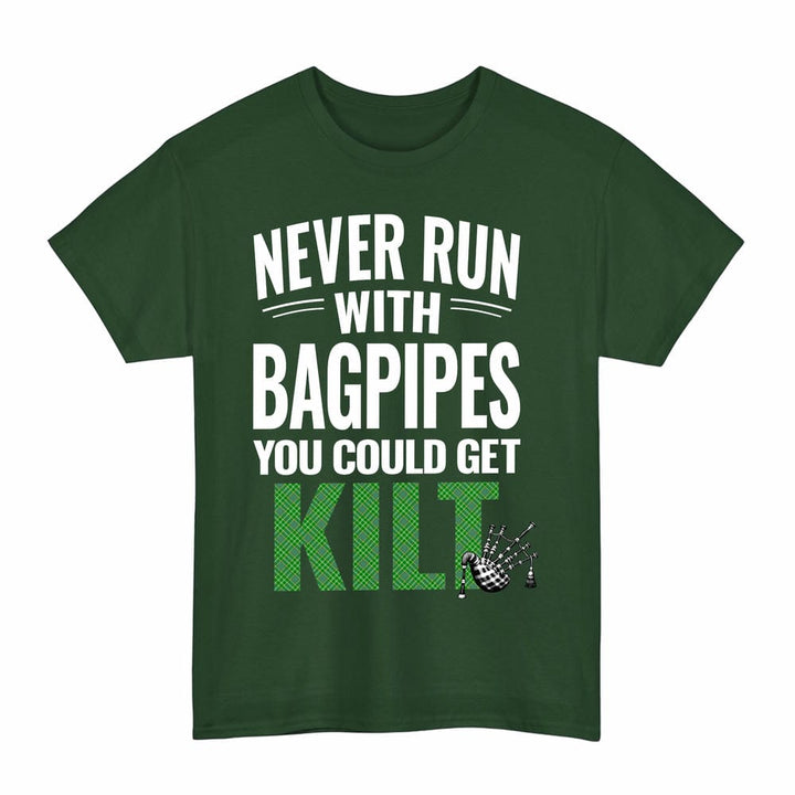Scottish Currie Clan Tartan Never Run With Bagpipes T-Shirt Tartan Plaid Forest Green Color