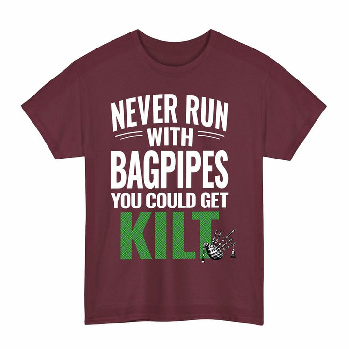 Scottish Currie Clan Tartan Never Run With Bagpipes T-Shirt Tartan Plaid Maroon Color