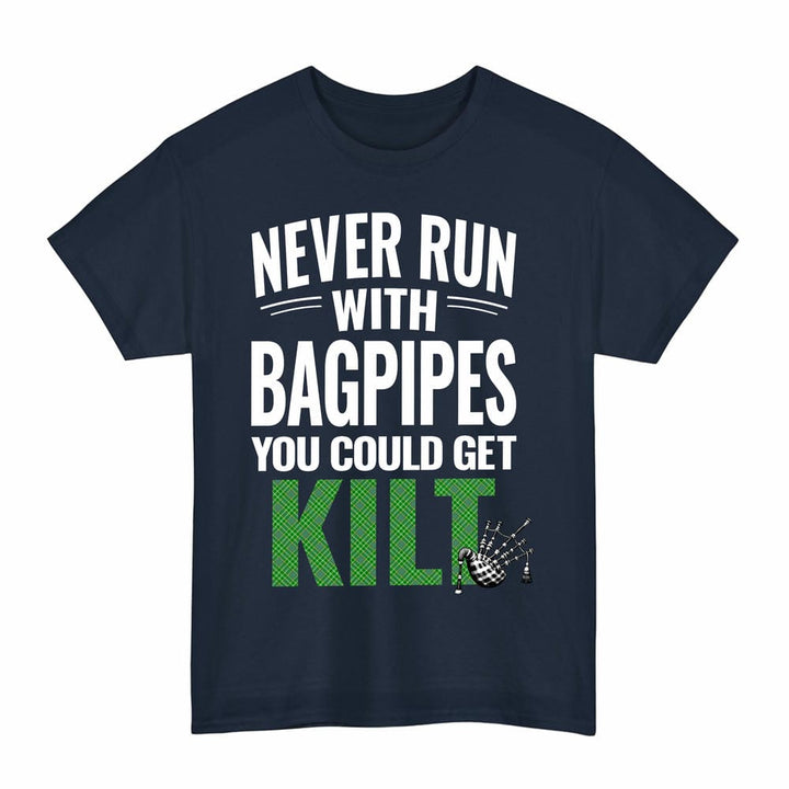 Scottish Currie Clan Tartan Never Run With Bagpipes T-Shirt Tartan Plaid Navy Color