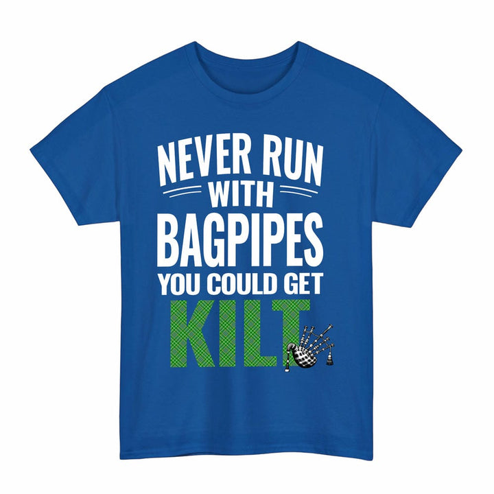 Scottish Currie Clan Tartan Never Run With Bagpipes T-Shirt Tartan Plaid Royal Color