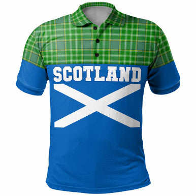 Scottish Currie Clan Tartan Polo Shirt - Lion Rampant of Scotland With Flag Front Side Tartan Plaid