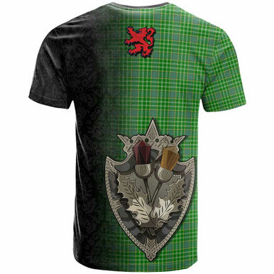 Scottish Currie Clan Tartan T-Shirt - Half Thistle Flowers Celtic Design Back Side Tartan Plaid