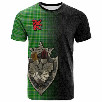 Scottish Currie Clan Tartan T-Shirt - Half Thistle Flowers Celtic Design Front Side Tartan Plaid