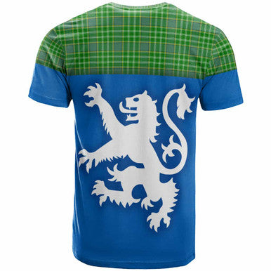 Scottish Currie Clan Tartan T-Shirt - Lion Rampant of Scotland With Flag Back Side Tartan Plaid