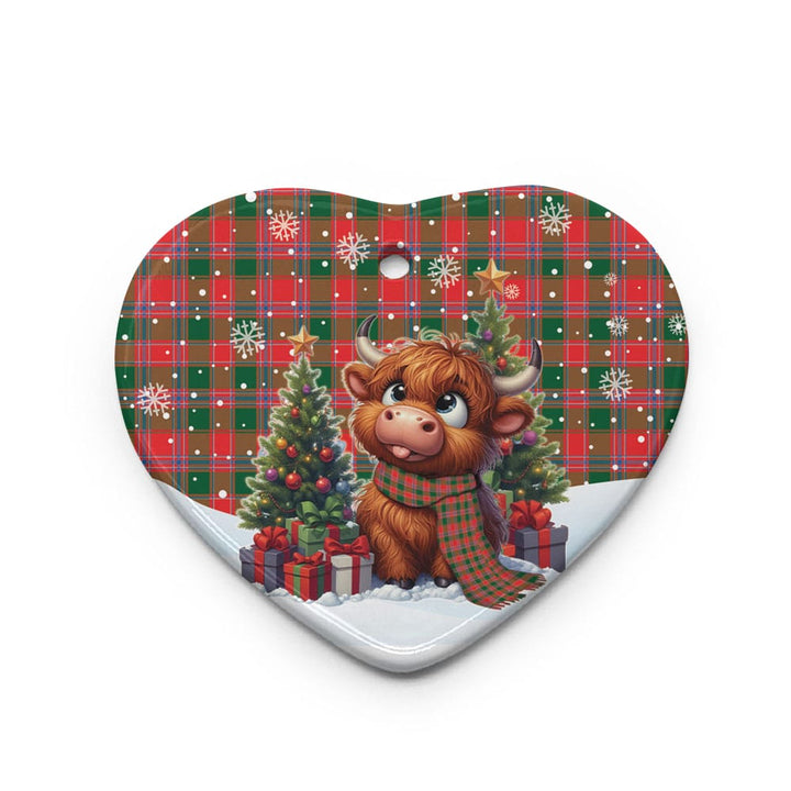Scottish Dalziel Modern Clan Tartan Ceramic Ornament Cute Highland Cow Christmas Heart Style Tartan Plaid