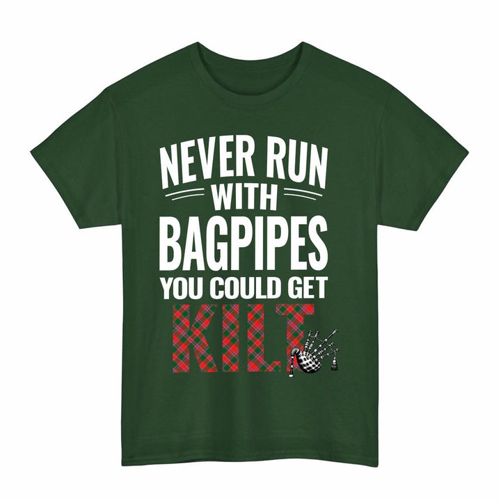 Scottish Dalziel Modern Clan Tartan Never Run With Bagpipes T-Shirt Tartan Plaid Forest Green Color