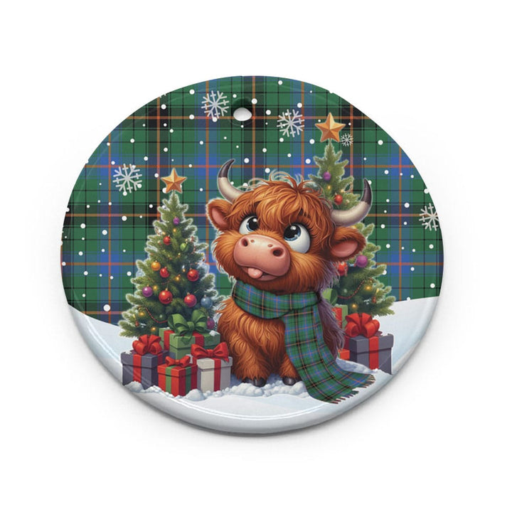 Scottish Davidson Ancient Clan Tartan Ceramic Ornament Cute Highland Cow Christmas Circle Style Tartan Plaid