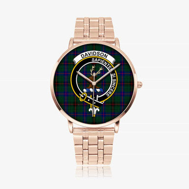 Scottish Davidson Clan Crest Tartan Instafamous Steel Quartz Watches Tartan Plaid Rose Gold 1