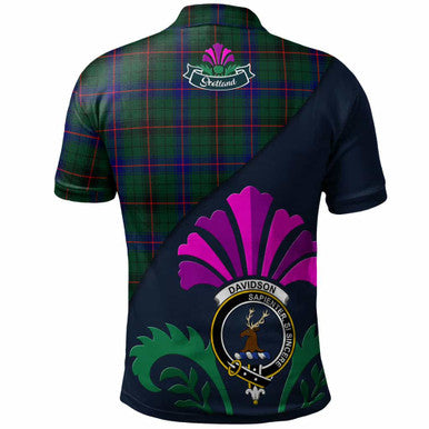 Scottish Davidson Clan Crest Tartan Polo Shirt - Scotland Thistle Style Back Side Tartan Plaid