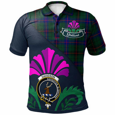 Scottish Davidson Clan Crest Tartan Polo Shirt - Scotland Thistle Style Front Side Tartan Plaid