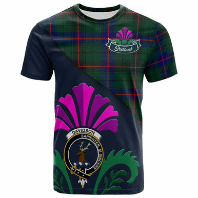 Scottish Davidson Clan Crest Tartan T-Shirt - Scotland Thistle Style Front Side Tartan Plaid