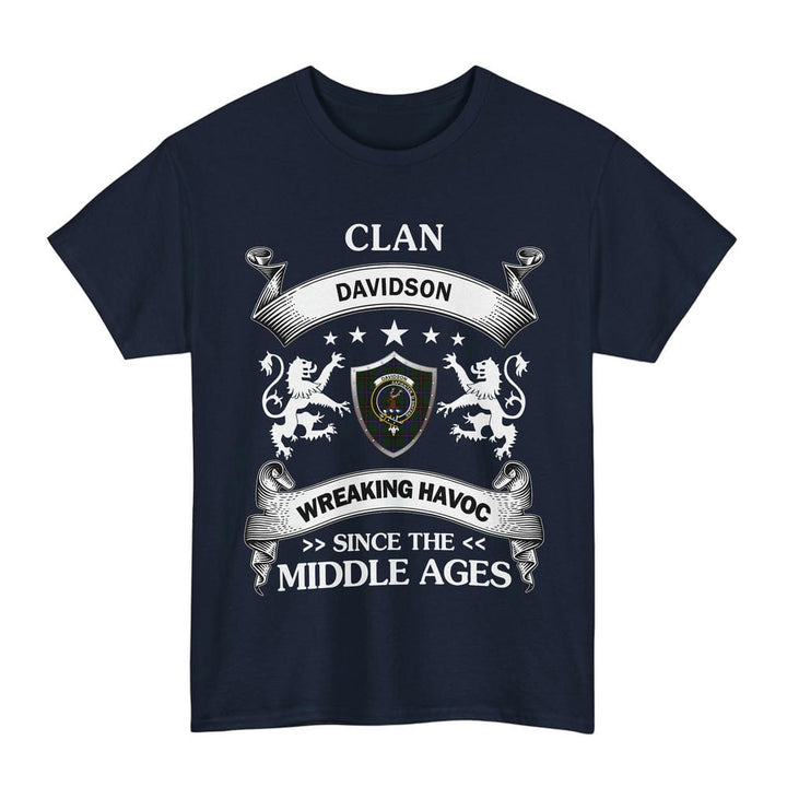 Scottish Davidson Clan Crest Tartan T-Shirt Wreaking Havoc Design Tartan Plaid Navy Color