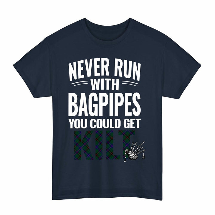 Scottish Davidson Modern Clan Tartan Never Run With Bagpipes T-Shirt Tartan Plaid Navy Color