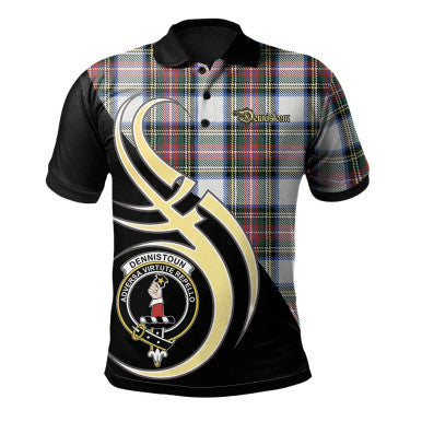 Scottish Dennistoun Clan Crest Tartan Polo Shirt Believe in Me Front Side Tartan Plaid