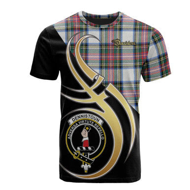 Scottish Dennistoun Clan Crest Tartan T-Shirt Believe in Me Front Side Tartan Plaid