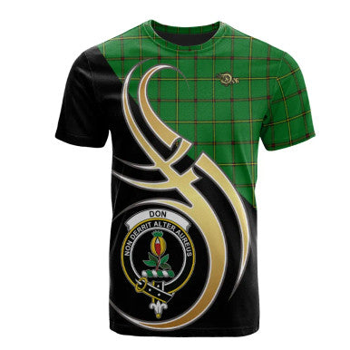 Scottish Don Clan Crest Tartan T-Shirt Believe in Me Front Side Tartan Plaid