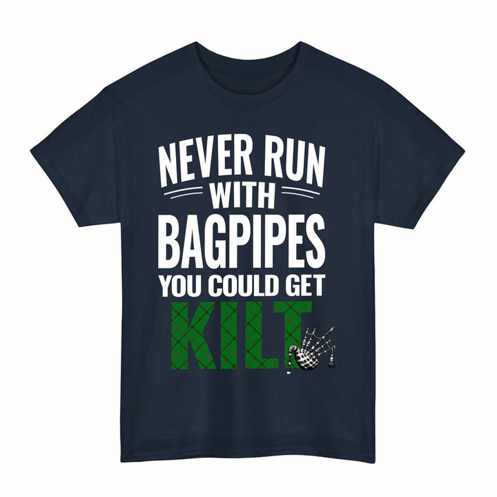Scottish Don (Tribe-of-Mar) Clan Tartan Never Run With Bagpipes T-Shirt Tartan Plaid Navy Color
