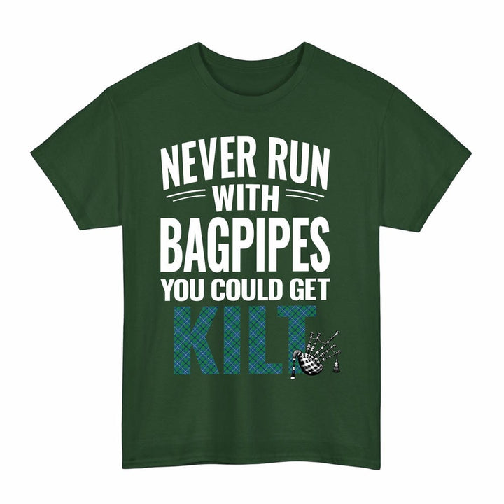 Scottish Douglas Ancient Clan Tartan Never Run With Bagpipes T-Shirt Tartan Plaid Forest Green Color