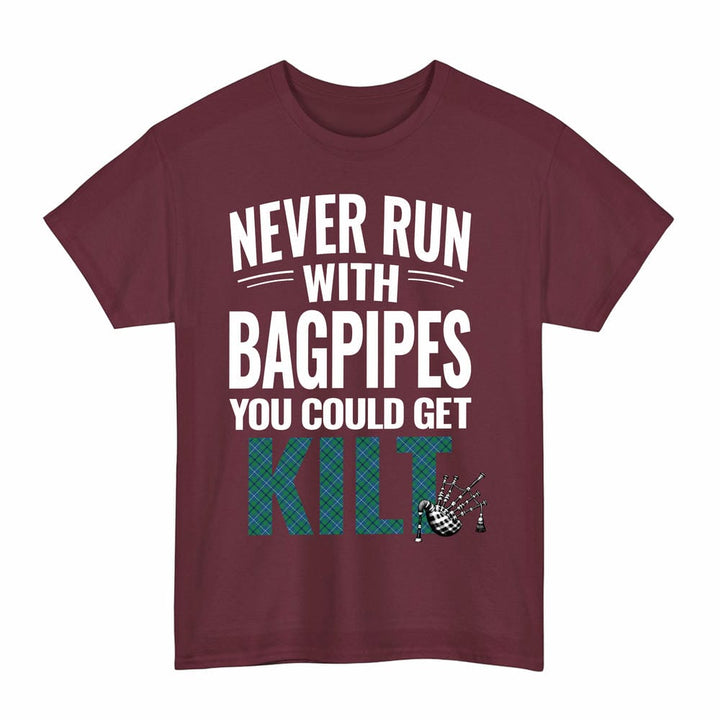 Scottish Douglas Ancient Clan Tartan Never Run With Bagpipes T-Shirt Tartan Plaid Maroon Color