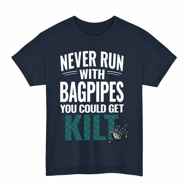 Scottish Douglas Ancient Clan Tartan Never Run With Bagpipes T-Shirt Tartan Plaid Navy Color