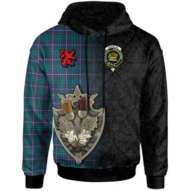 Scottish Douglas Clan Crest Tartan Hoodie - Half Thistle Flowers Celtic Design Front Side Tartan Plaid