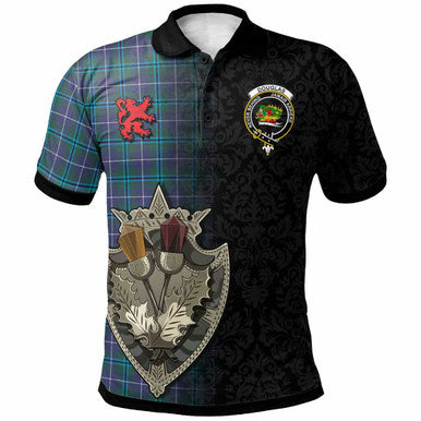 Scottish Douglas Clan Crest Tartan Polo Shirt - Half Thistle Flowers Celtic Design Front Side Tartan Plaid