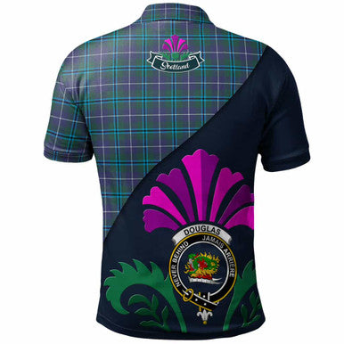 Scottish Douglas Clan Crest Tartan Polo Shirt - Scotland Thistle Style Back Side Tartan Plaid