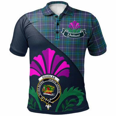 Scottish Douglas Clan Crest Tartan Polo Shirt - Scotland Thistle Style Front Side Tartan Plaid