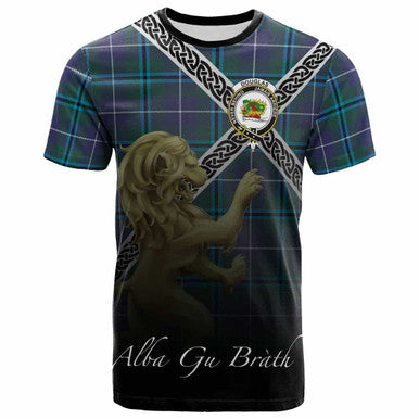 Scottish Douglas Clan Crest Tartan T-Shirt - Celtic With Scotland Lion Front Side Tartan Plaid