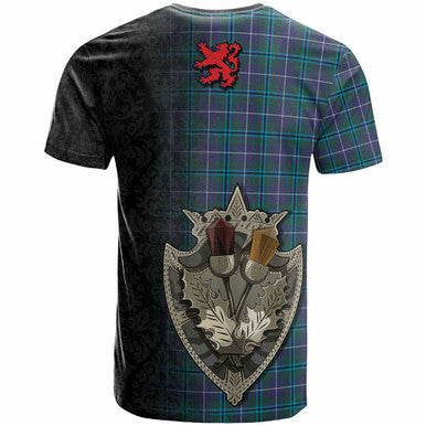 Scottish Douglas Clan Crest Tartan T-Shirt - Half Thistle Flowers Celtic Design Back Side Tartan Plaid