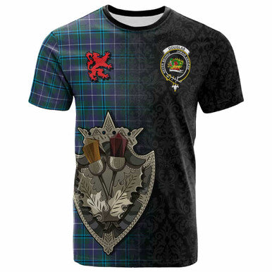 Scottish Douglas Clan Crest Tartan T-Shirt - Half Thistle Flowers Celtic Design Front Side Tartan Plaid