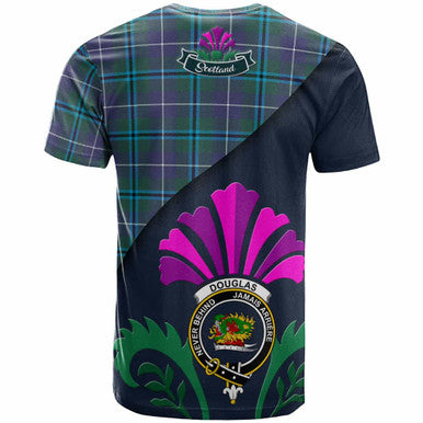 Scottish Douglas Clan Crest Tartan T-Shirt - Scotland Thistle Style Back Side Tartan Plaid