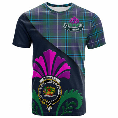 Scottish Douglas Clan Crest Tartan T-Shirt - Scotland Thistle Style Front Side Tartan Plaid