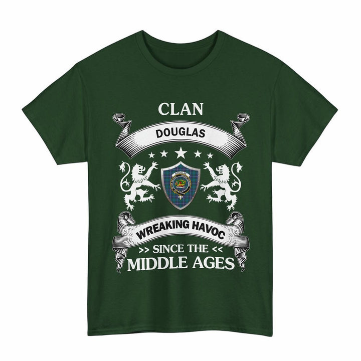 Scottish Douglas Clan Crest Tartan T-Shirt Wreaking Havoc Design Tartan Plaid Forest Green Color