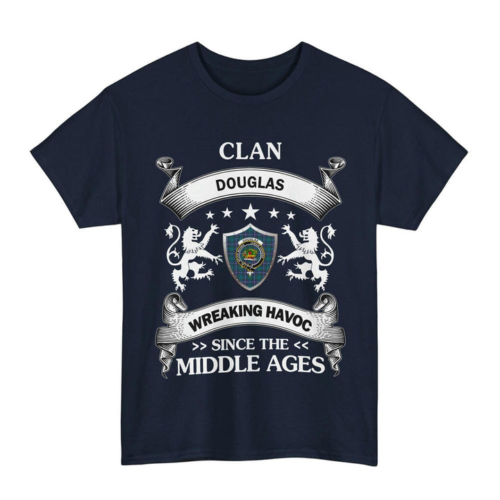 Scottish Douglas Clan Crest Tartan T-Shirt Wreaking Havoc Design Tartan Plaid Navy Color