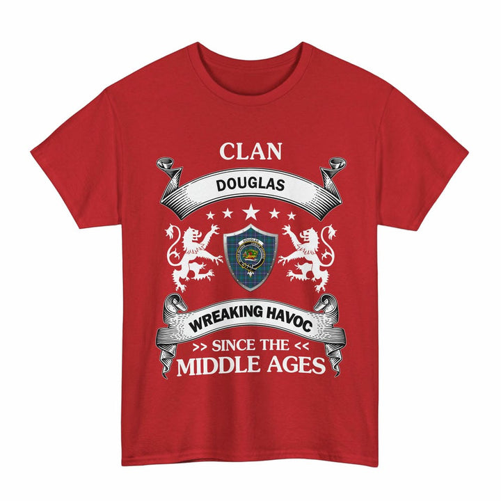 Scottish Douglas Clan Crest Tartan T-Shirt Wreaking Havoc Design Tartan Plaid Red Color