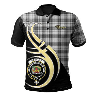 Scottish Douglas Grey Modern Clan Crest Tartan Polo Shirt Believe in Me Front Side Tartan Plaid