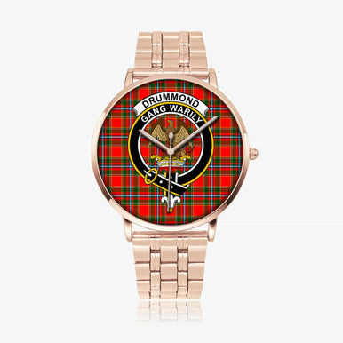 Scottish Drummond Clan Crest Tartan Instafamous Steel Quartz Watches Tartan Plaid Rose Gold 1
