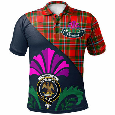 Scottish Drummond Clan Crest Tartan Polo Shirt - Scotland Thistle Style Front Side Tartan Plaid