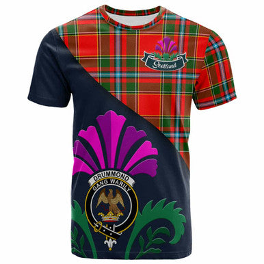 Scottish Drummond Clan Crest Tartan T-Shirt - Scotland Thistle Style Front Side Tartan Plaid