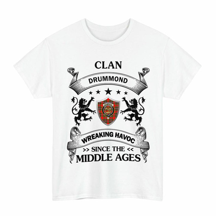 Scottish Drummond Clan Crest Tartan T-Shirt Wreaking Havoc Design Tartan Plaid White Color