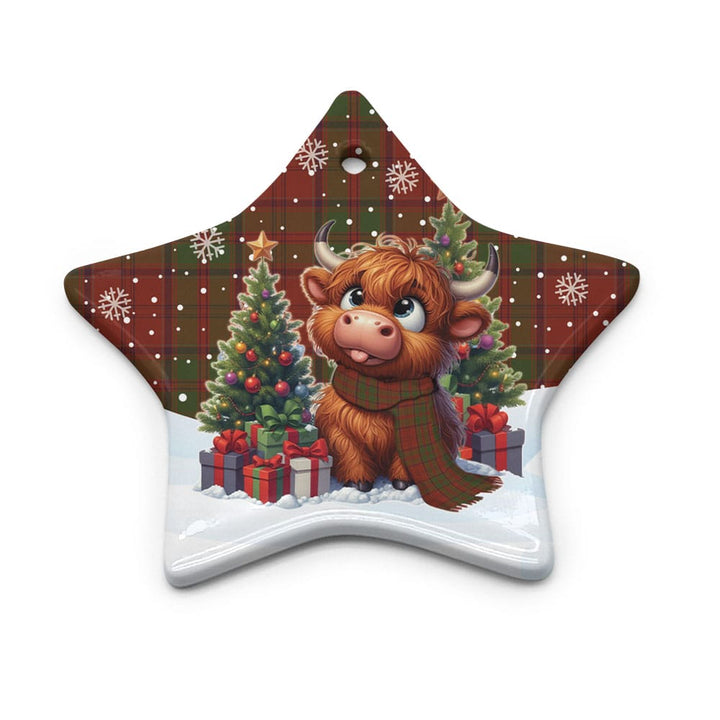 Scottish Drummond Clan Tartan Ceramic Ornament Cute Highland Cow Christmas Star Style Tartan Plaid