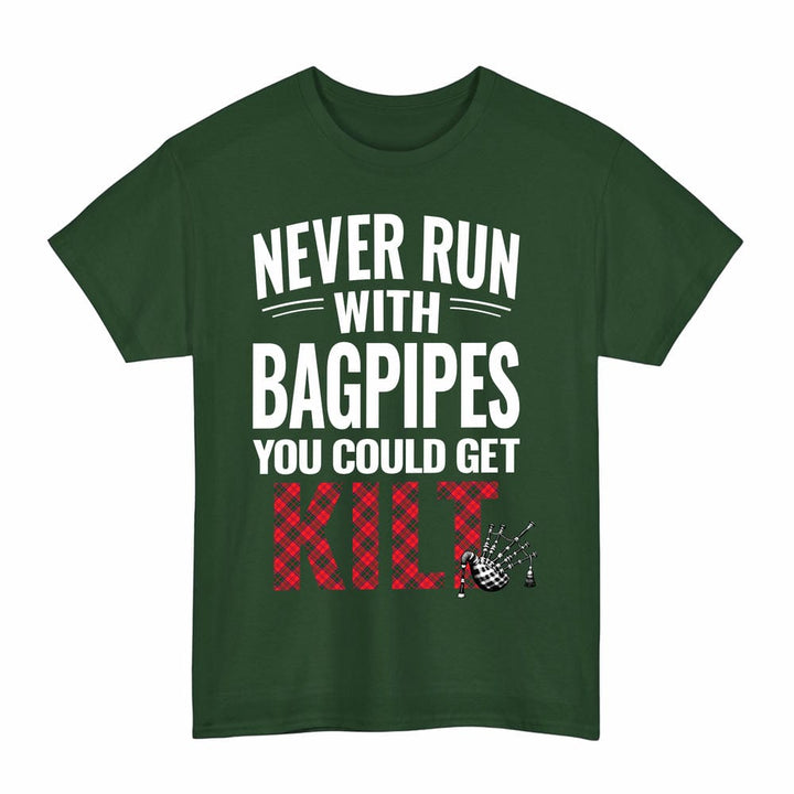 Scottish Drummond Modern Clan Tartan Never Run With Bagpipes T-Shirt Tartan Plaid Forest Green Color