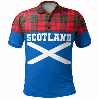Scottish Drummond Modern Clan Tartan Polo Shirt - Lion Rampant of Scotland With Flag Front Side Tartan Plaid