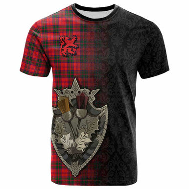 Scottish Drummond Modern Clan Tartan T-Shirt - Half Thistle Flowers Celtic Design Front Side Tartan Plaid