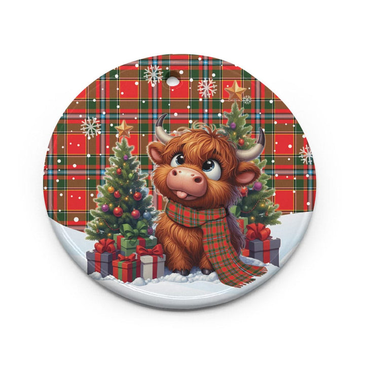 Scottish Drummond of Perth Clan Tartan Ceramic Ornament Cute Highland Cow Christmas Circle Style Tartan Plaid